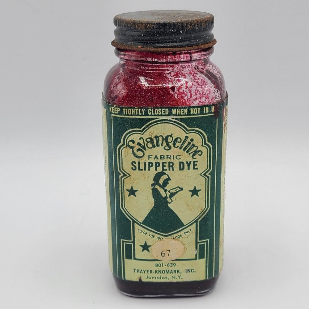 Antique Evangeline Slipper Dye Fabric Red Thayer Knomark Glass Bottle